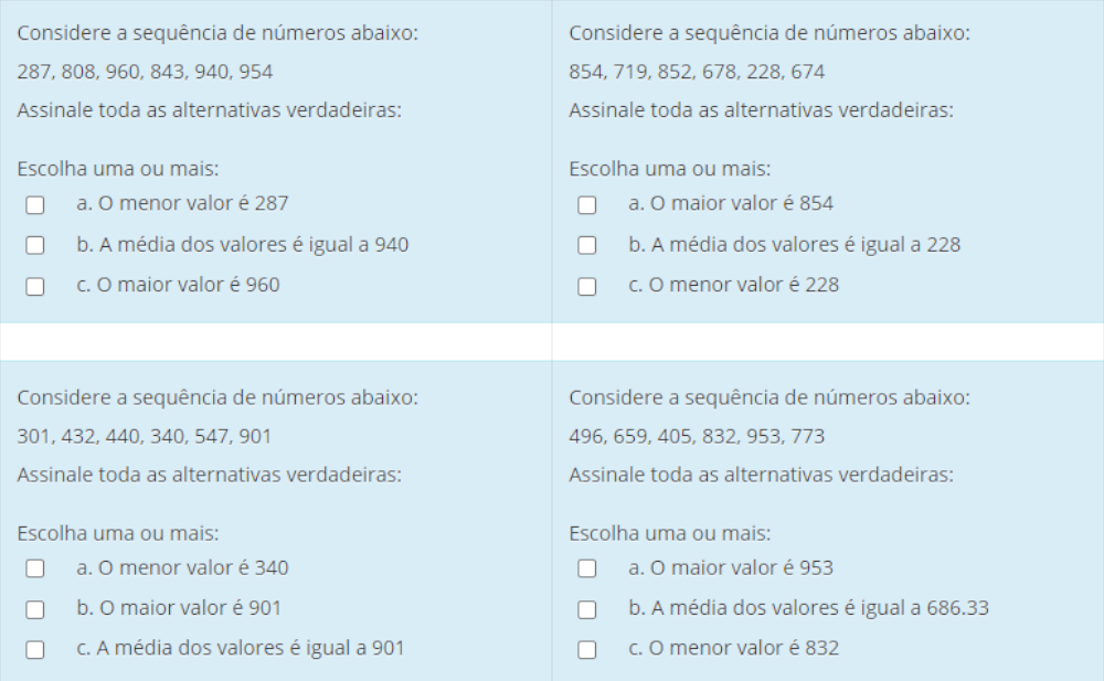 Questões do tipo múltipla escolha (*mchoice*) criadas a partir de dados aleatórios. Estão apresentadas 4 versões do mesmo exercício.